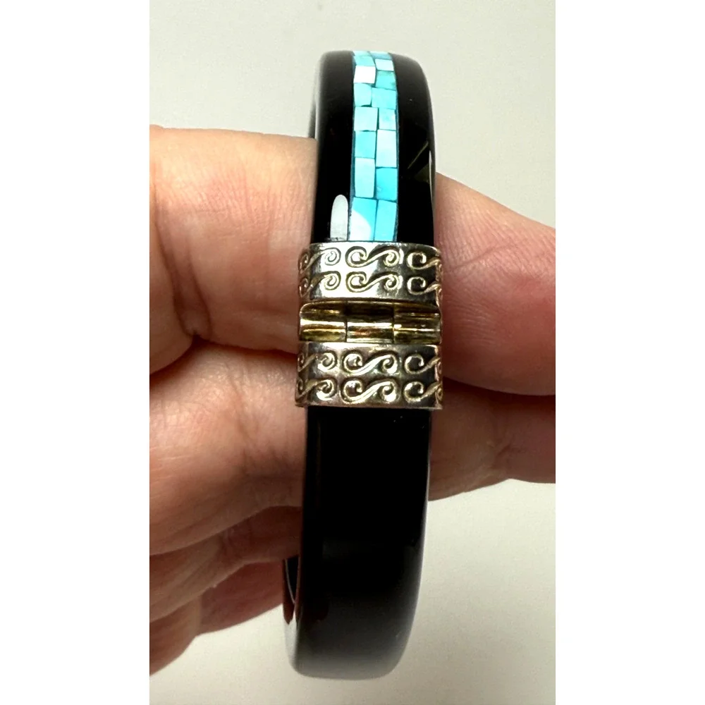 Jay King Desert Rose Trading DTR Mosaic Turquoise Black Agate Hinged Bangle 925